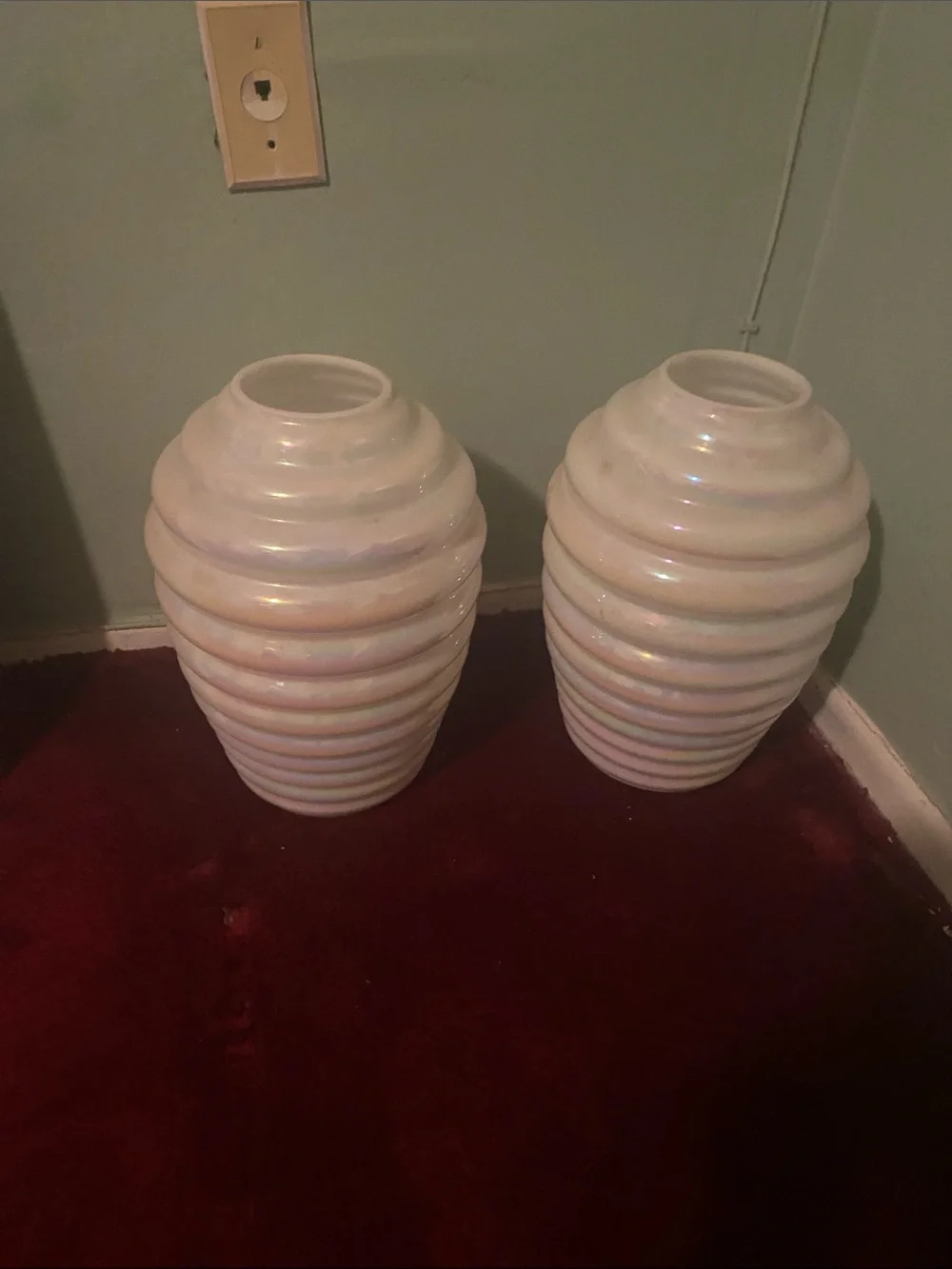 Vintage Iridescent White Ribbed Ceramic Vase Pair - Unbranded